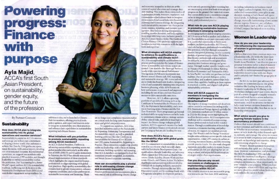 Magazine feature: Powering progress, finance with purpose, profiling ACCA President Ayla Majid