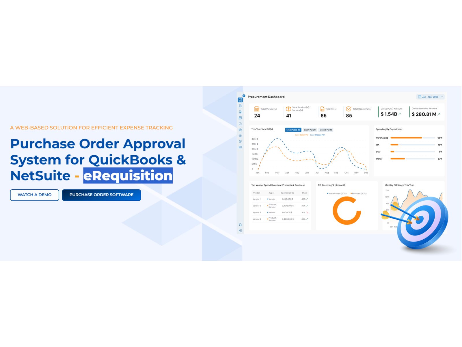 eRequisition landing page hero: Purchase Order Approval System for QuickBooks & NetSuite