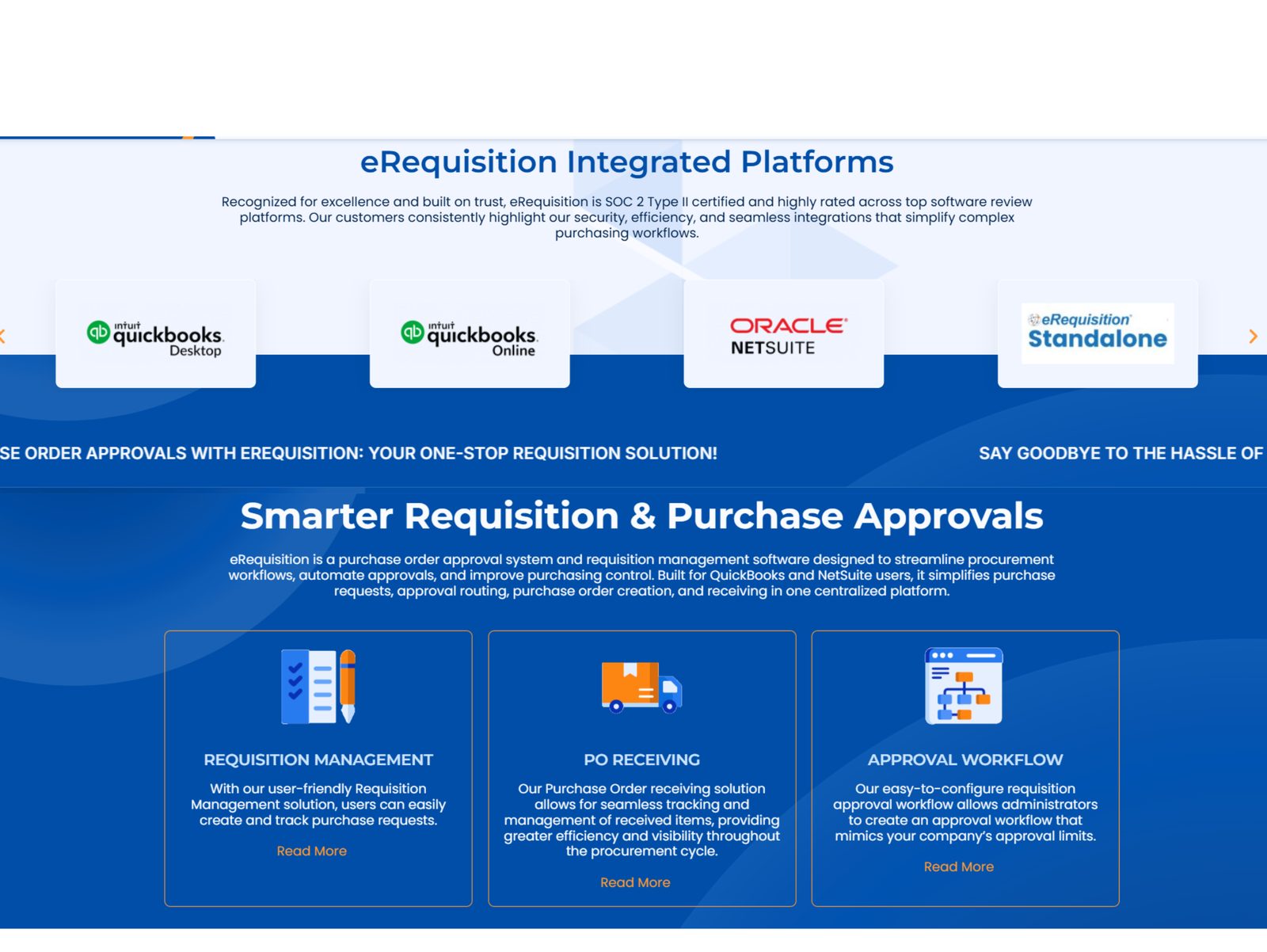 eRequisition integrated platforms section and Smarter Requisition & Purchase Approvals feature cards