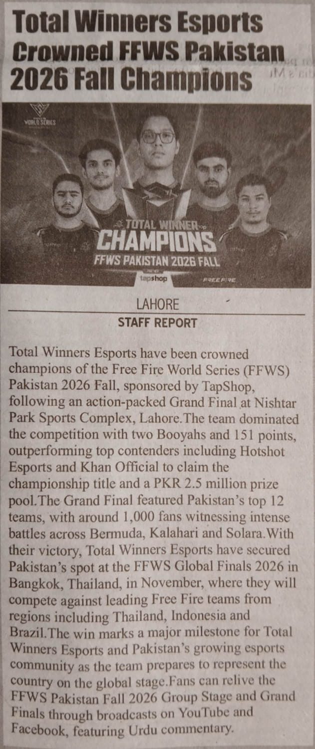 Newspaper clipping: Total Winners Esports crowned FFWS Pakistan 2026 Fall champions