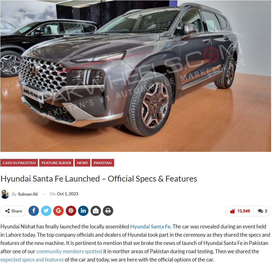 PakWheels article: Hyundai Santa Fe launched, official specs and features