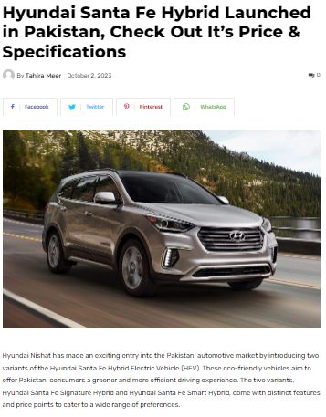 Online article: Hyundai Santa Fe Hybrid launched in Pakistan, price and specifications