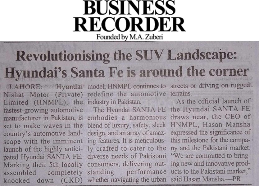 Business Recorder clipping: Revolutionising the SUV landscape, Hyundai's Santa Fe is around the corner