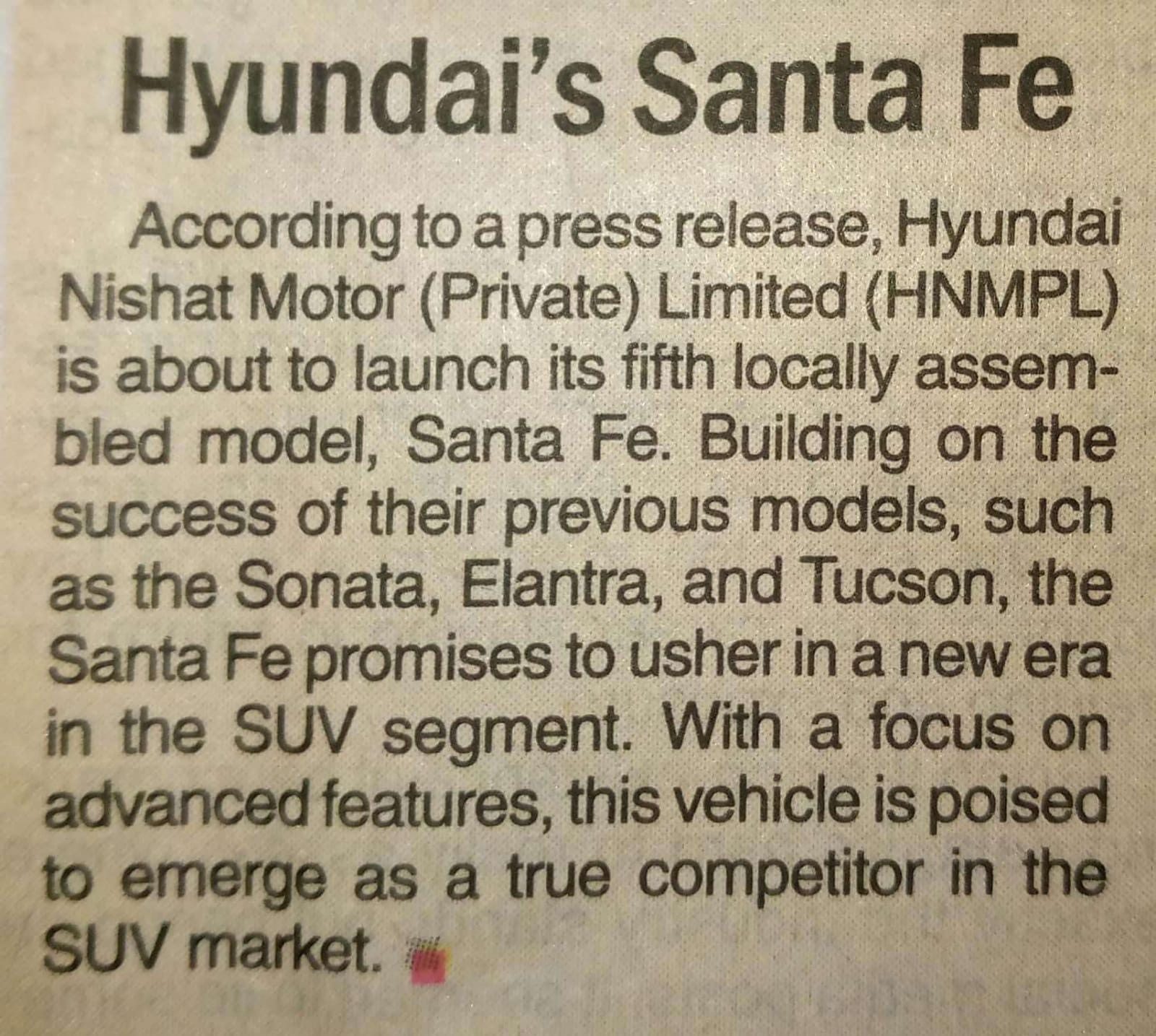 Newspaper clipping: Hyundai's Santa Fe, its fifth locally assembled model