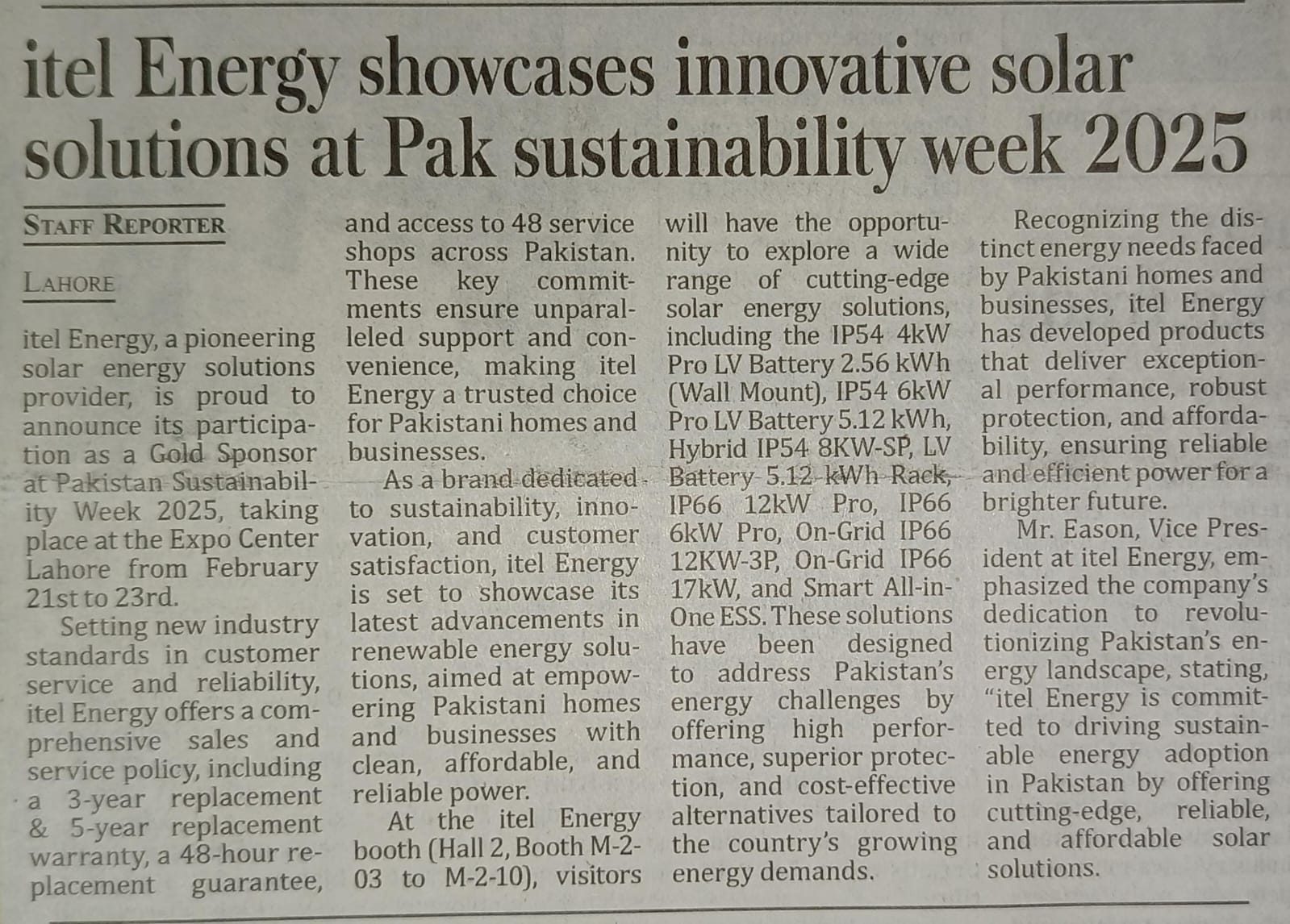Newspaper clipping: itel Energy showcases innovative solar solutions at Pak Sustainability Week 2025