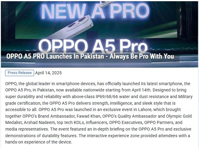 Online press release: OPPO A5 Pro launches in Pakistan, Always Be Pro With You