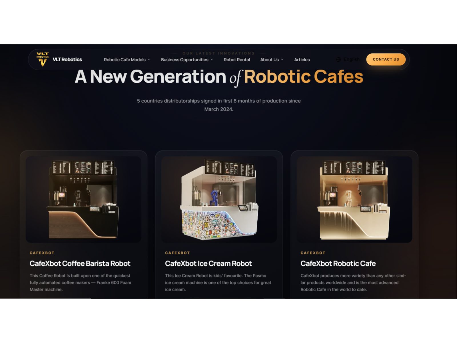 VLT Robotics product section: A New Generation of Robotic Cafes, with CafeXbot barista, ice cream and café robots