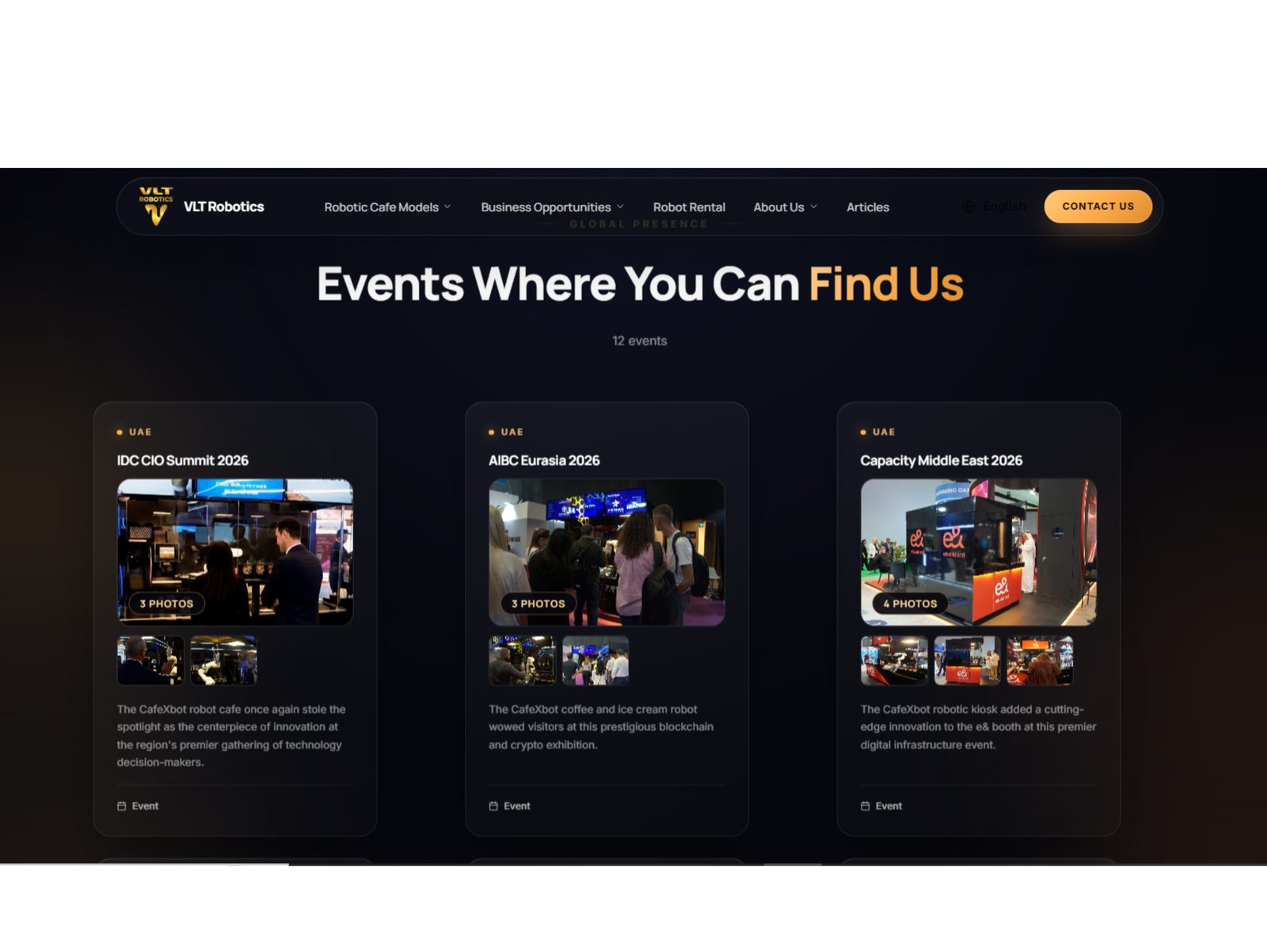 VLT Robotics events page: Events Where You Can Find Us, with trade show cards