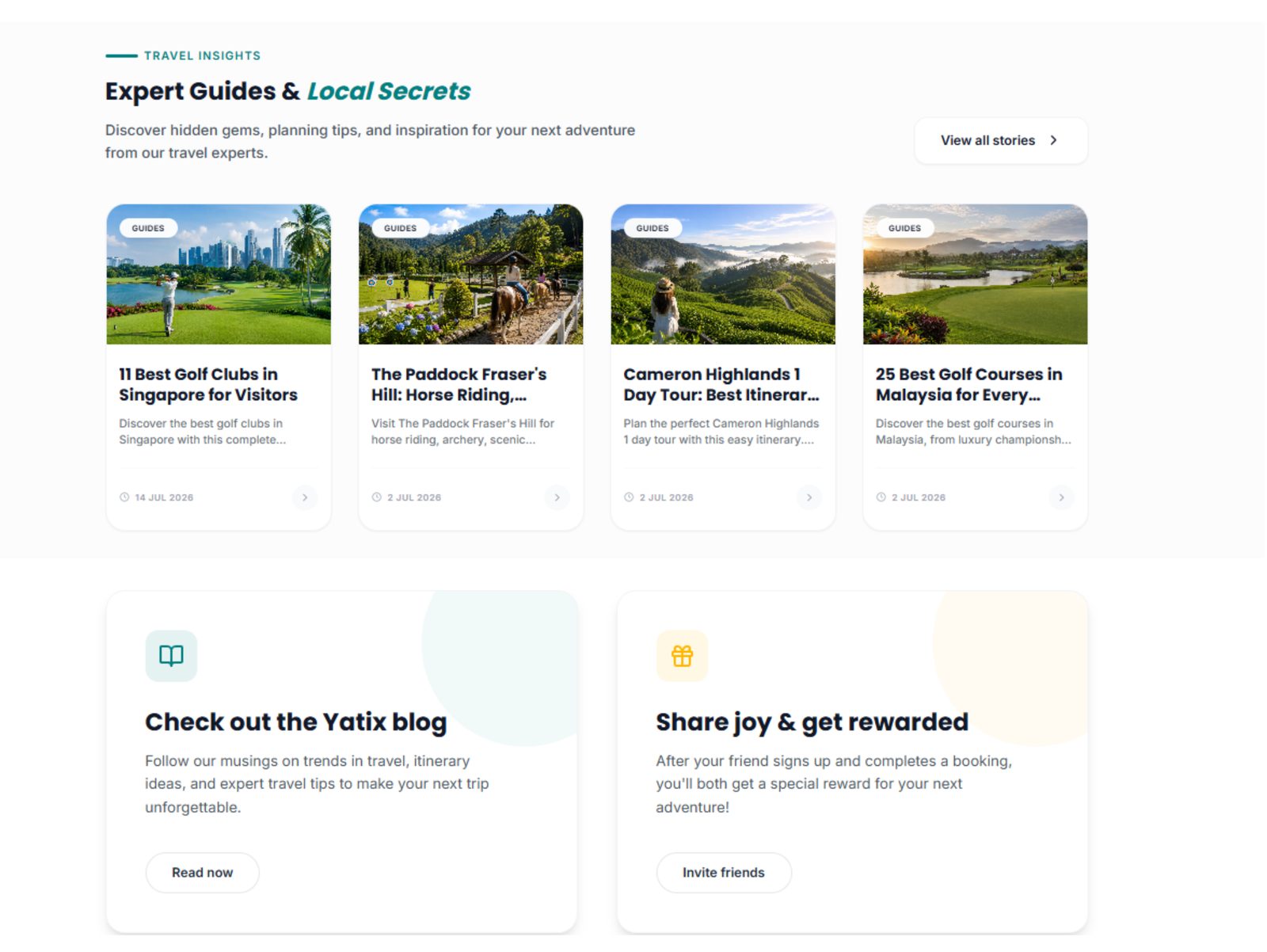 Yatix travel insights section with expert guides to Singapore and Malaysia