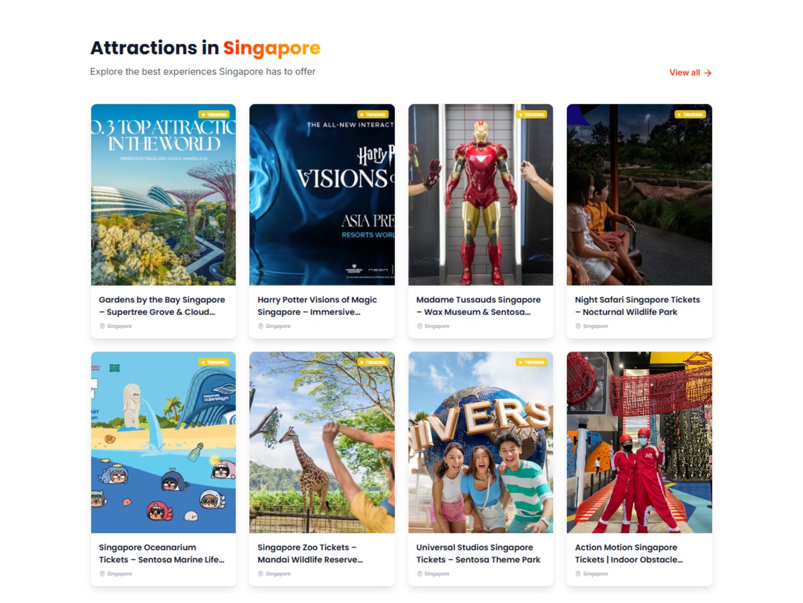 Yatix Attractions in Singapore grid with ticket cards for Gardens by the Bay, Universal Studios and more